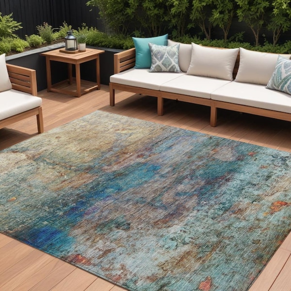 Homeroots 9' X 12' Teal Blue Orange And Beige Abstract Washable Indoor Outdoor Area Rug 631459 - main