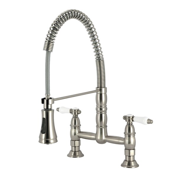 Kingston Brass Double-Handle Deck-Mount Pre-Rinse Bridge Kitchen Faucet, Brushed Nickel GS1278BPL - main