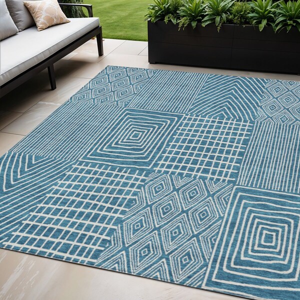 Homeroots 5' X 8' Teal Blue And Ivory Geometric Washable Indoor Outdoor Area Rug 596975 - main
