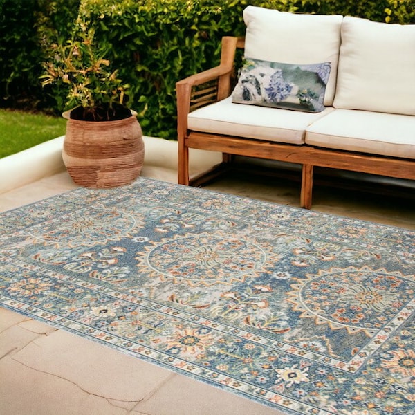 Homeroots 9' X 12' Blue and Orange Floral Medallion Stain Resistant Indoor Outdoor Area Rug 531515 - main