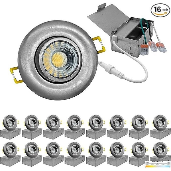 Nuwatt 3 Inch LED Brushed Nickel Gimbal Canless Recessed Lighting 2700K-5000K Selectable, Dimmable, 16PK NW-GMB-3-5CT-N-R-16P - main
