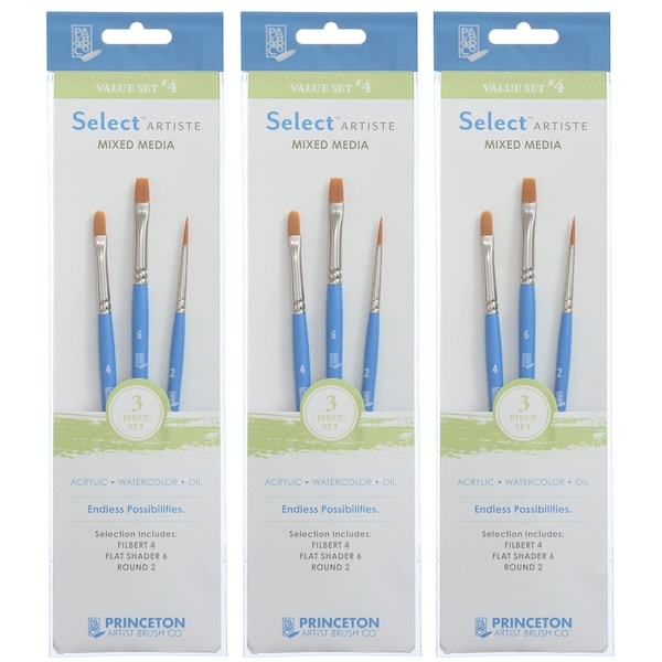 Princeton Select Artiste Brush Set No. 4, Synthetic Bristles, Short Handle Mixed Media, 3-Piece Set, 3PK P3750SET104 - main
