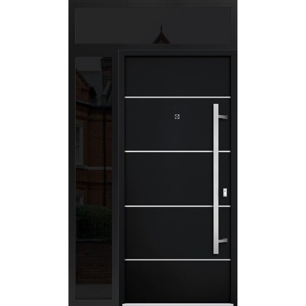 Vdomdoors Steel Door Deux 6083 Black Enamel Sidelight and Transom Window Sidelite Stainless Inserts Entry Doo DEUX6083EXD-BLK-W36+14 x H80+16-LH-I - main