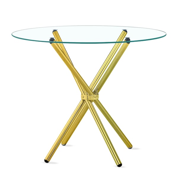 Fab Glass And Mirror 42in Flat Round Hydra Dining Table with Clear Glass Top and Gold Finish Base, Elegant Round Glas DT-0142-GD - main