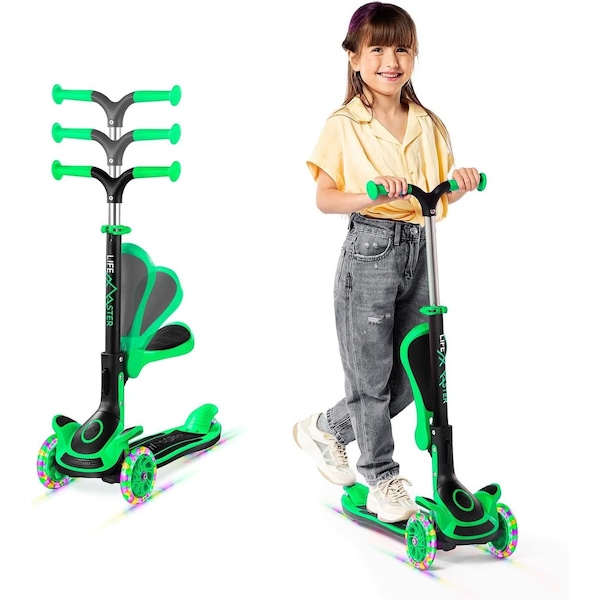 Lifemaster Kids 3-Wheel Scooter with Foldable Seat, LED Wheels, Adjustable Handlebar, Indoor/Outdoor Green LIFMS55 - main
