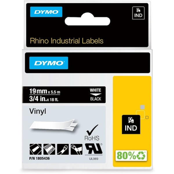 Dymo Rhino Permanent Vinyl Industrial Label Tape, 0.75 in. x 18 ft, Black/White Print 1805436 - main