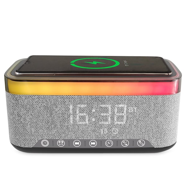 Alpha Digital Bluetooth Stereo Speaker- 10W, Alarm Clock, Charging, Light -Gray S300-GY - main