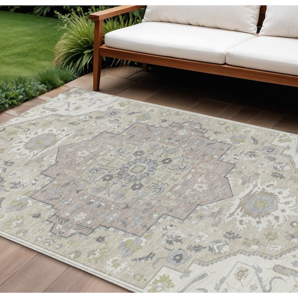 Homeroots 10' X 14' Ivory Beige And Gray Oriental Washable Indoor Outdoor Area Rug 596637 - main