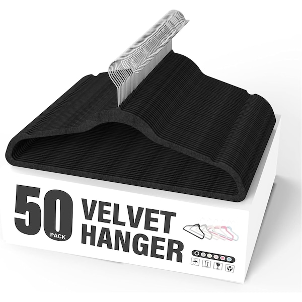 Simple Deluxe HealSmart Velvet Hangers, Space Saving Clothes Hangers for Closet, Black, 50PK HKHANGVELVET50BLK - main