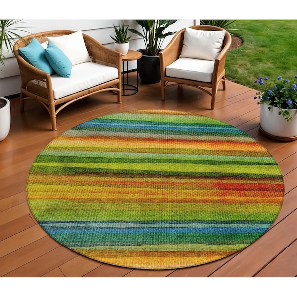 Homeroots 8' Green Teal Blue And Copper Round Striped Washable Indoor Outdoor Area Rug 631211 - main