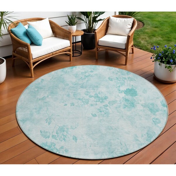 Homeroots 8' Aqua Teal Blue And Ivory Round Floral Washable Indoor Outdoor Area Rug 583096 - main