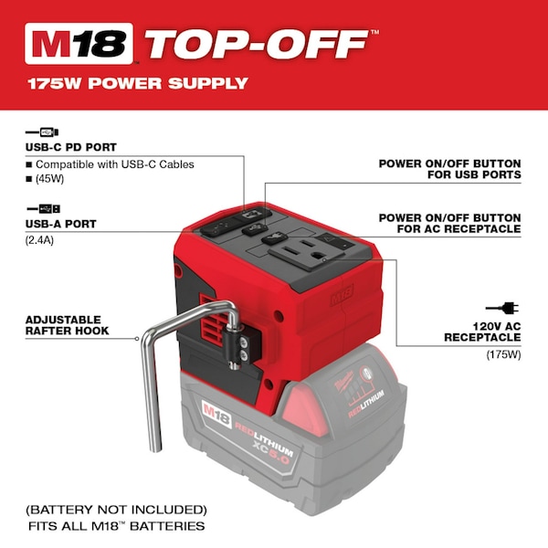 MILWAUKEE M18™ TOP-OFF™ Cordless 175W Power Supply (2846-20) | Zoro