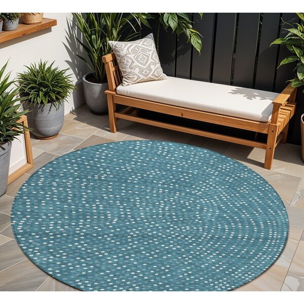 Homeroots 8' Teal Blue Gray And Ivory Round Polka Dot Washable Indoor Outdoor Area Rug 599090 - main