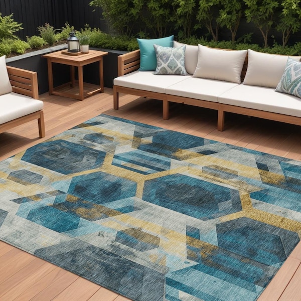 Homeroots 9' X 12' Teal Blue Gold And Silver Geometric Washable Indoor Outdoor Area Rug 618761 - main