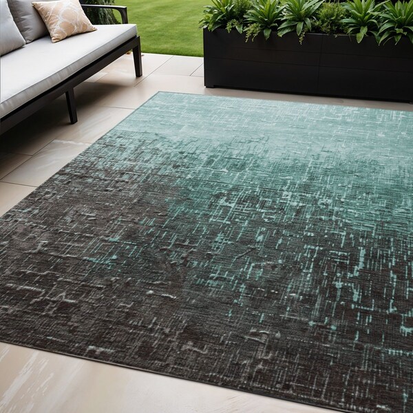 Homeroots 5' X 8' Teal Blue And Dark Gray Ombre Washable Indoor Outdoor Area Rug 602900 - main