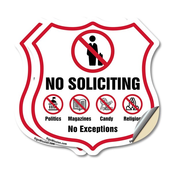 Signmission No Soliciting Shield Sign No Politics Ma, 18 inch X 18 inch, Vinyl Decal, 2PK SHI-D-2PACK-18-403 - main