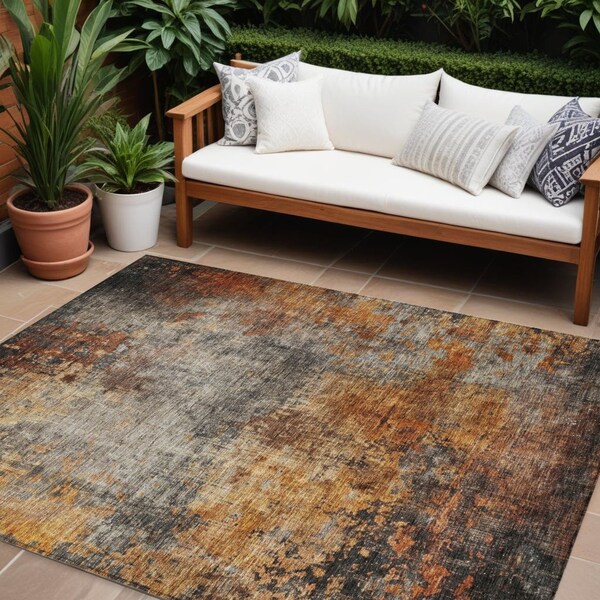 Homeroots 10' X 14' Copper Terra Cotta And Black Abstract Washable Indoor Outdoor Area Rug 606103 - main