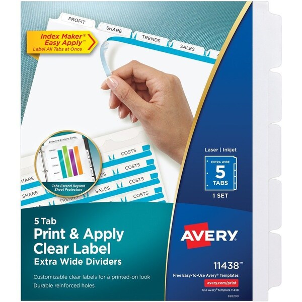 Avery Dennison Avery, PRINT AND APPLY INDEX MAKER CLEAR LABEL DIVIDERS, 5 WHITE TABS, LETTER 11438 - main