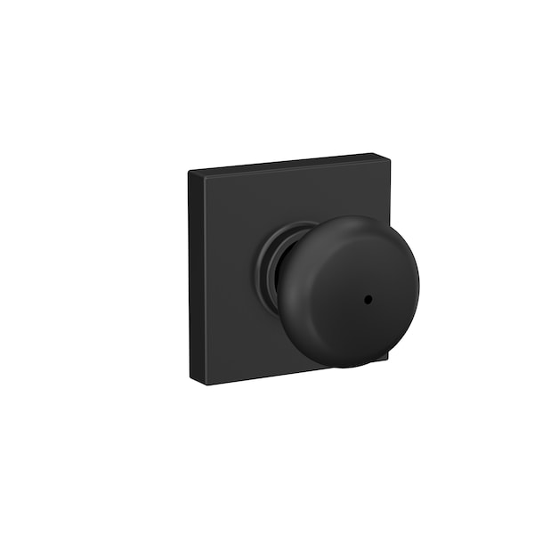 Schlage Residential Plymouth Knob with Collins Rose Privacy Lock with 16080 Latch and 10027 Strike Matte Black Finish F40PLY622COL - main