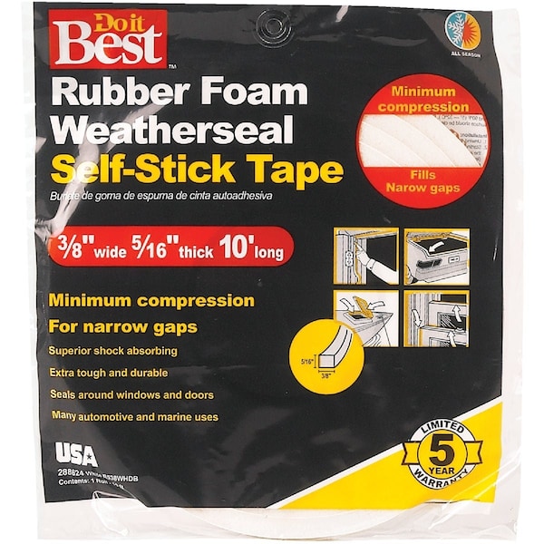 Do It Best 3/8'' W x 5/16'' T x 10 Ft. L White Rubber Foam Weatherstrip Tape R538WHDB - main
