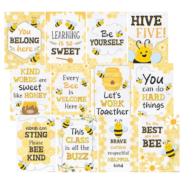 Teacher Created Resources Buzzing Bees Positive Sayings Small Poster Pack, 11'' x 15-3/4'', 12-Piece Set 6914 - main