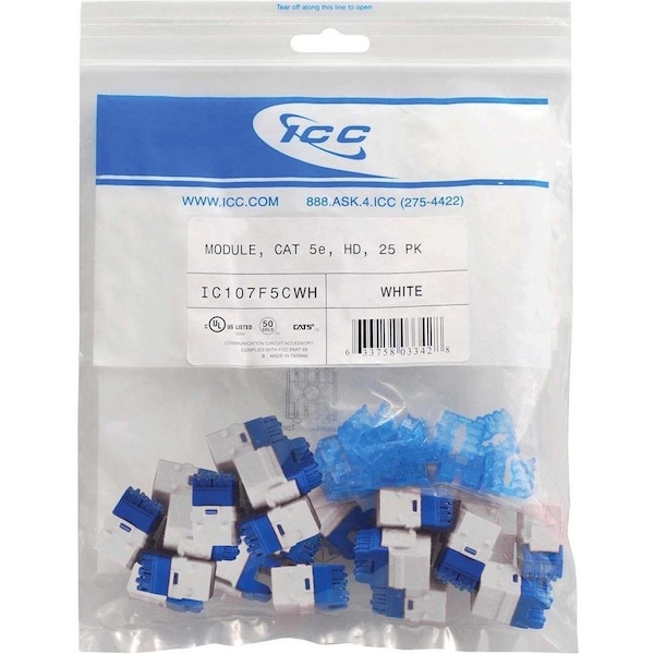 Icc Cat5e RJ45 Keystone Jack (White, 25-Pack), 25PK IC107F5CWH - main