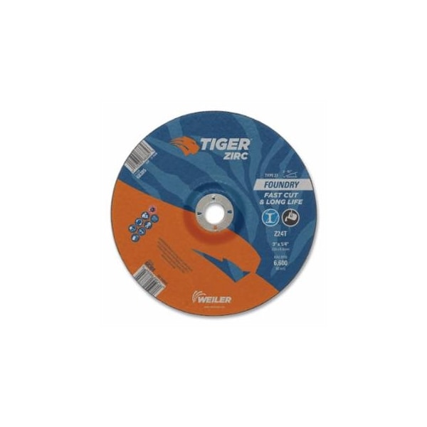 Weiler Tiger Grinding Wheel, 9 in dia x 1/4 in Thick x 7/8 in Arbor, 24 Grit, Zirconia Alumina, Type 27, 10PK 804-68384 - main