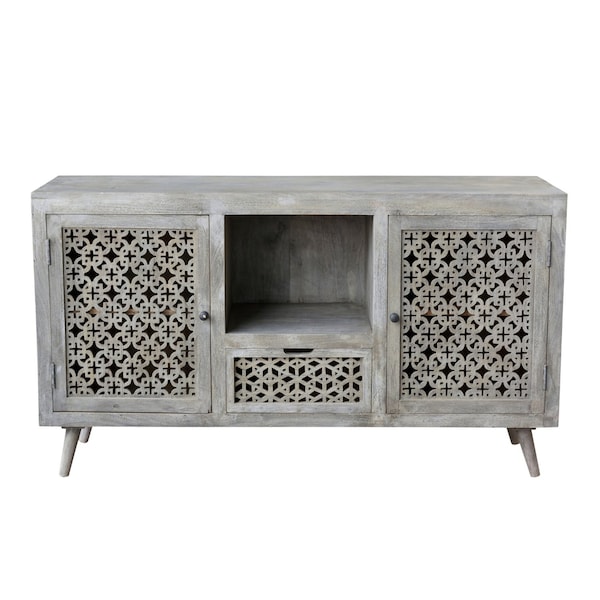 Homeroots 55in Gray Solid Wood Cabinet Enclosed Storage Worn TV Stand 488848 - main