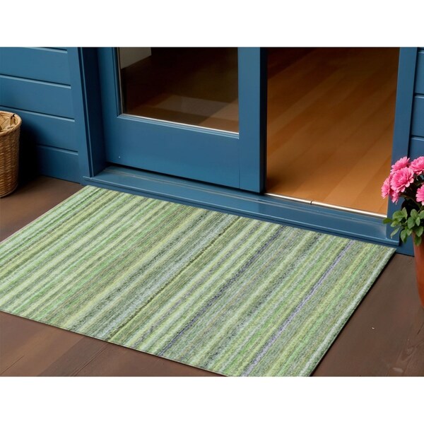 Homeroots 3' X 5' Artichoke Green And Olive Green Striped Washable Indoor Outdoor Area Rug 577787 - main