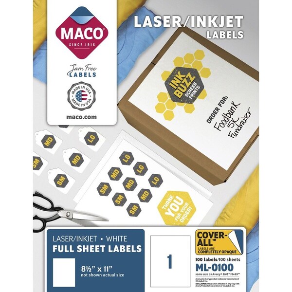 Maco Tag & Label Maco White All-Purpose Labels, 8 1/2 x 11, 100/Box ML0100 - main