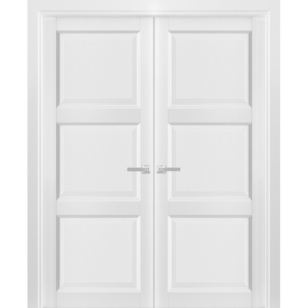 Sartodoors French Double Panel Solid Doors with Hardware, Lucia 2661 White Silk, Panel Frame Trims, Bathroom LUCIA2661DD-BEM-84 x 96 (2*42x96)-Butterfly - main