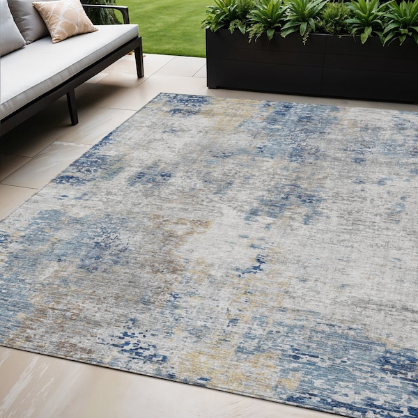 Homeroots 5' X 8' Denim Blue And Sky Blue Abstract Washable Indoor Outdoor Area Rug 587867 - main