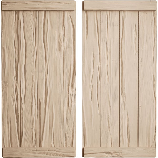 Ekena Millwork Rustic Four Board Joined Board-n-Batten Riverwood Faux Wood Shutters w/End Batten, 22W x 32H, PR SHUBJE22X32RWPR - main