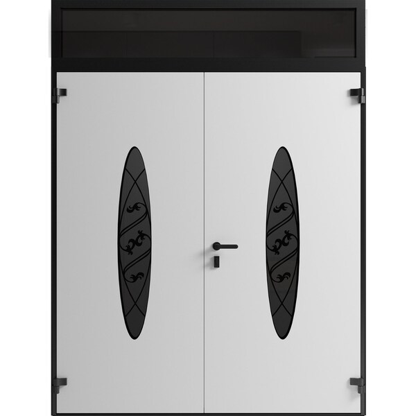 Vdomdoors Front Exterior Prehung Aluminum Double Doors Ronex1277 Black Enamel Top Transom Mirrored Clear RONEX1277DEXD-BLK-W72xH80+14-LH-I - main