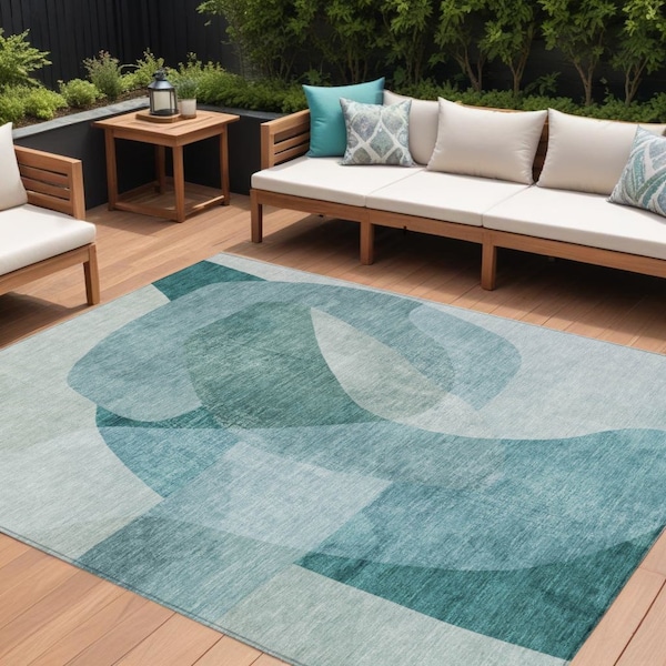 Homeroots 10' X 14' Teal Blue And Ivory Abstract Washable Indoor Outdoor Area Rug 630440 - main