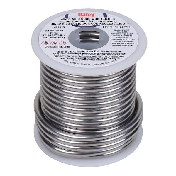 Oatey Acid Core Wire Solder, 1 lb, Solid, Silver, 360 to 460 deg F Melting Point 21115 - main