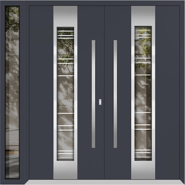 Vdomdoors Metal Double Doors Deux 5755 Gray Graphite Clear Glass 1 Sidelight Entry Modern Painted 86x96 (W72+ DEUX5755DEXD-GRE-W72+14xH96-RH-I - main