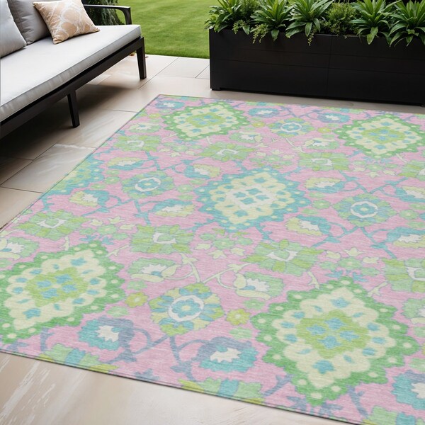 Homeroots 5' X 8' Pink Green And Blue Oriental Washable Indoor Outdoor Area Rug 597705 - main