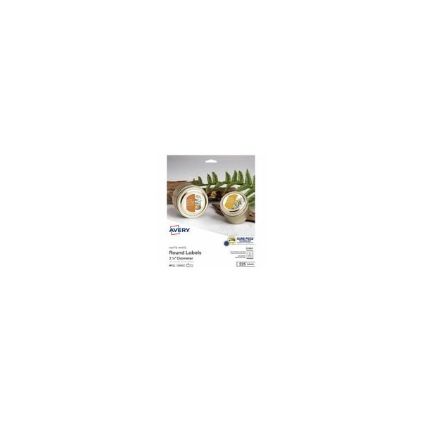 Avery Printable Round Labels, 2.5in, Matte White, 225 Labels (22562), Waterproof, x 2 1/2in Diameter, 5PK 22562 - main