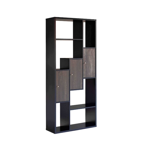 Homeroots 69" Black Wood Ten Tier Geometric Bookcase with Three Doors 630390 - main
