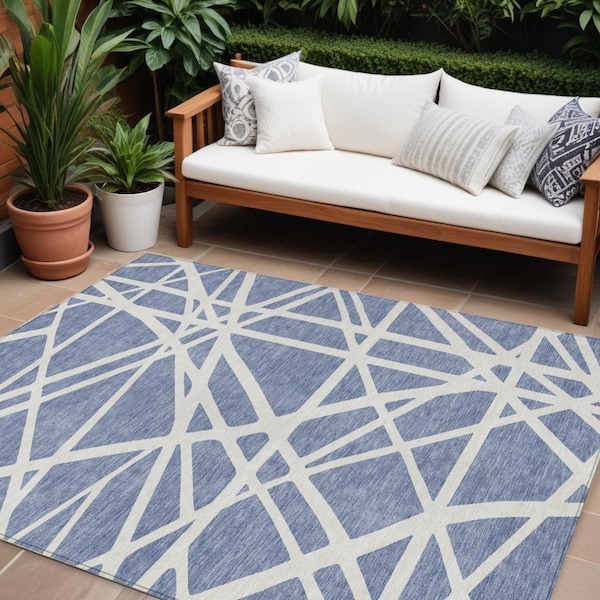 Homeroots 9' X 12' Denim Blue And Ivory Geometric Washable Indoor Outdoor Area Rug 600442 - main