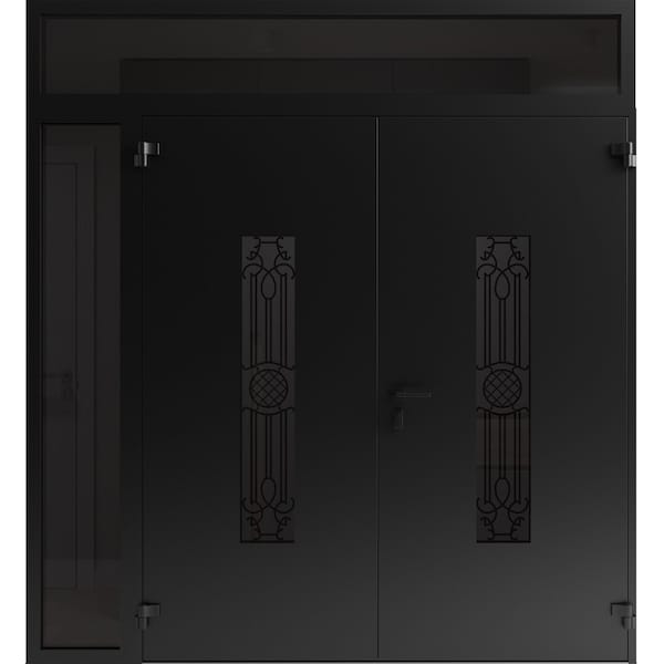 Vdomdoors Front Exterior Prehung Aluminum Double Doors Ronex1477 Black Enamel 1 Sidelight and Top Transom RONEX1477DEXD-BLK-W72+12xH96+12-RH-I - main