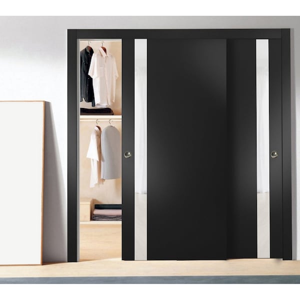 Sartodoors Sliding Closet Bypass Doors, Planum 0040 Matte Black with White Glass, Sturdy Rails Moldings Trims PLANUM0040DBD-BLK-36 - main