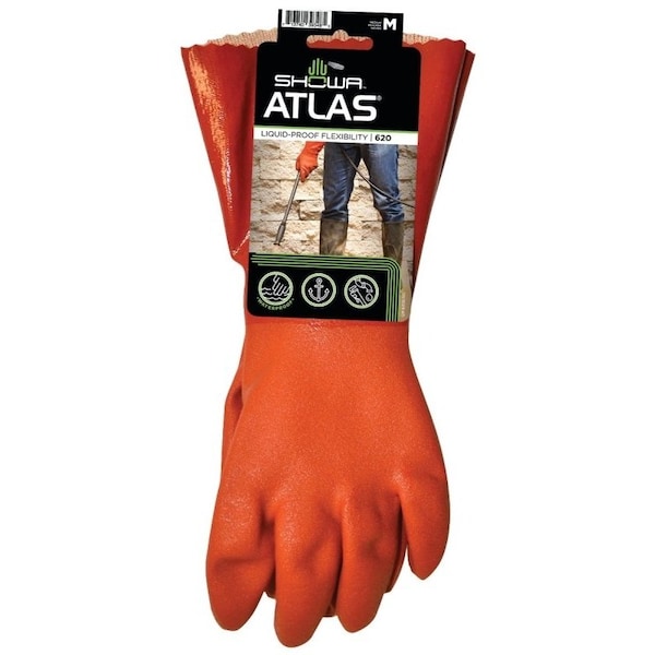 Showa Atlas Showa Coated Gloves, M, 12 in L, Gauntlet Cuff, PVC, Orange 620M-08.RT - main