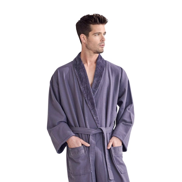 Towelsoft Unisex Men's Luxury Waffle Gray Bathrobe, Velour Shawl, 100% Cotton One Size RM-MEN-WFL-VLR-GRY - main