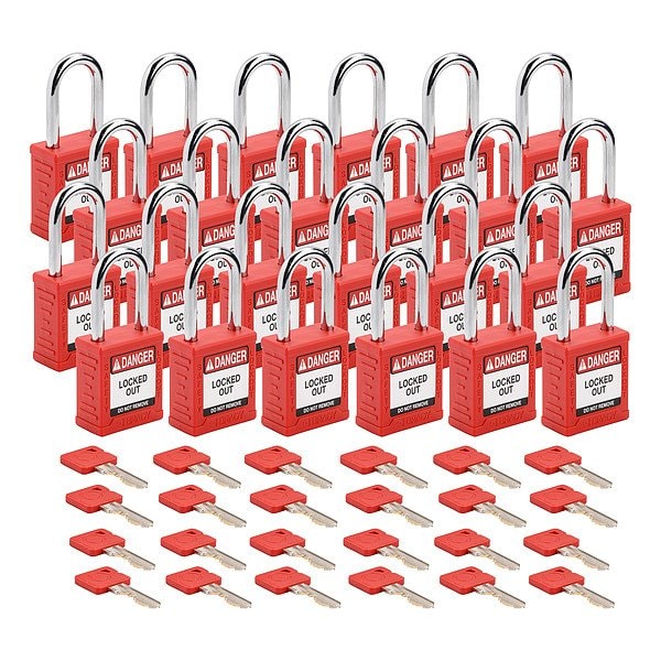 Brady Padlock, Keyed Alike, Nylon, Red, 1 1/2 in Shackle Height, 1 1/2 in Body Width, 48 No. of Keys SDPL-RED-38ST-KA24 - main