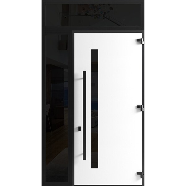 Vdomdoors Front Exterior Prehung Steel Door Ronex0144 Grey 96 Sidelight and Transom Window Sidelite Entry RONEX0144EXD-GRE-W36+12xH96+16-LH-I - main