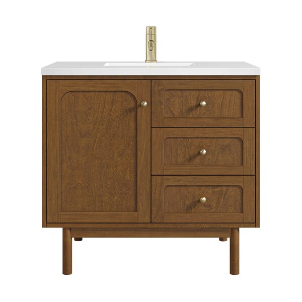 James Martin Vanities Laurent 36" Sgl Vanity, Honey Oak w/ Sgl Hole 3 CM White Zeus Silestone Top and Matching Backsplash 545-V36-HNO-1WZ - main