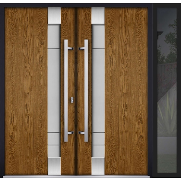 Vdomdoors Steel Double Doors Deux 1713 Natural Oak Black Sidelight Exterior Window Stainless Inserts Single M DEUX1713DEXD-OAKB-RH-W72+16 x H80 - main