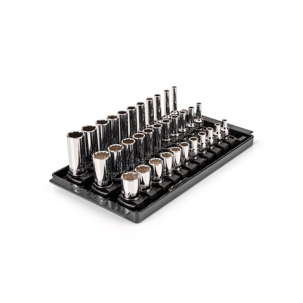Tekton 1/4 In. Drive Shallow, Semi-Deep, and Deep 12pt Socket Set with Rails and Trays, 33pc (5/32-9/16 in) SHD90123 - main